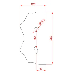 Štít 250x125x3mm s otvormi, rozteč 90mm, otvor pre kľučku ø 19,5mm, hladký, obojstranný (pravý aj ľavý), pre zámok ZM90/80 Štít 250x125x3mm s otvormi, rozteč 90mm, otvor pre kľučku ø 19,5mm, hladký, obojstranný (pravý aj ľavý), pre zámok ZM90/80